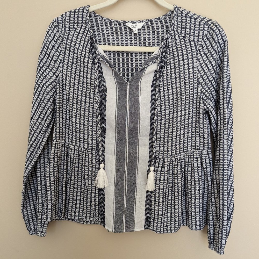 Crown & Ivy boho  bohemian peplum flowy blouse size Small EUC